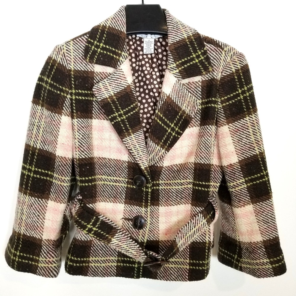 Cabi Kate Plaid Tweed Belted Jacket Women Sz 8 Wool Blend Classic Brown Beige